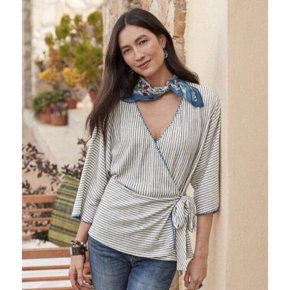 Sundance Wrap Top Womens Large White Gray Striped Belted Surplice Wide Sleeve - Picture 3 of 14